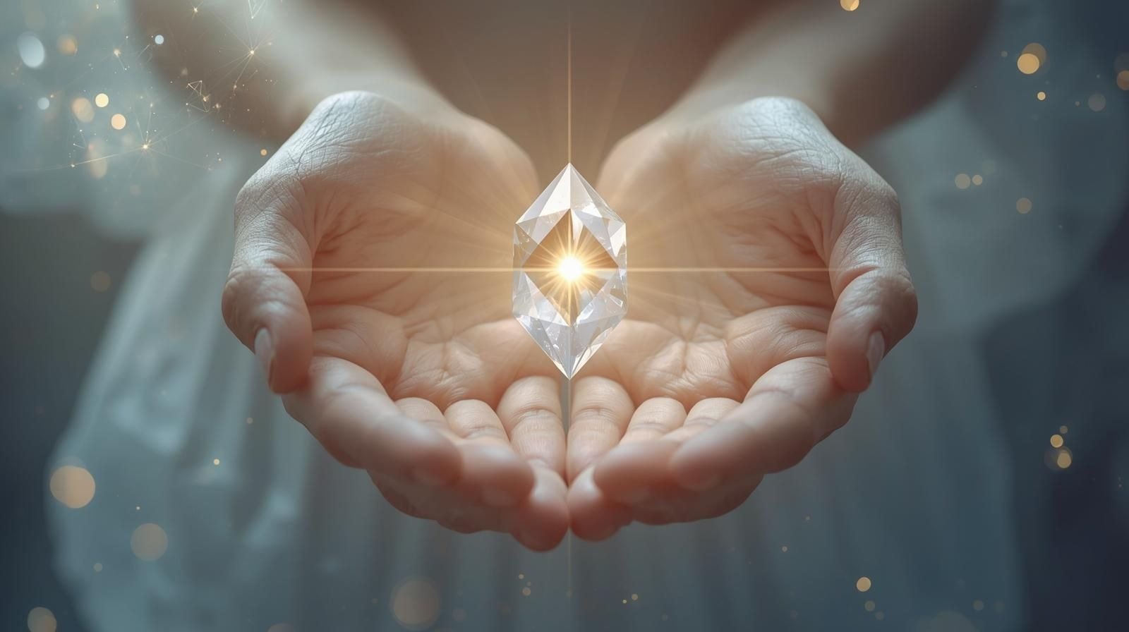 Manos que sostienen un cristal luminoso