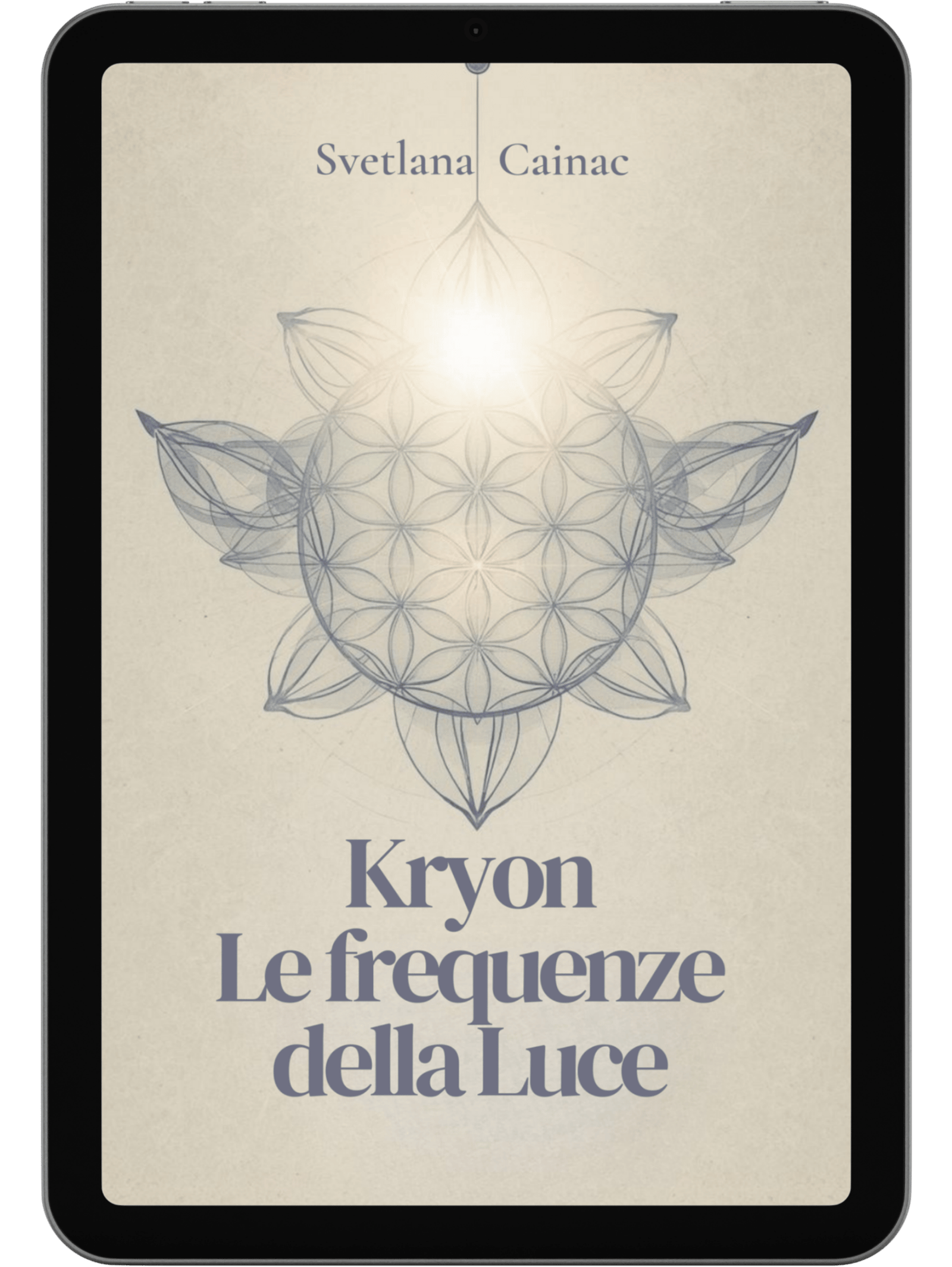 Tablet con copertina del libro Le Frequenze della Luce
